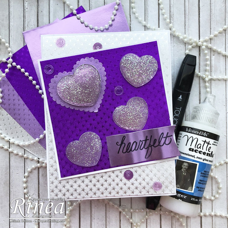 Matte Dimensional Medium Purple Hearts Card by Melinda | Rinea
